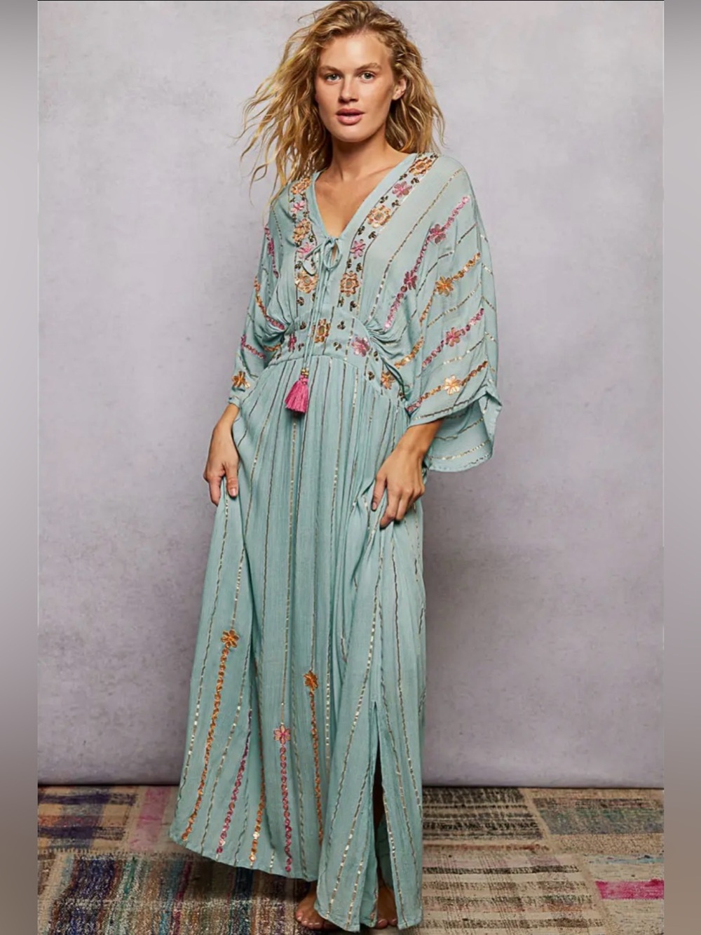 POL boho Aztec sequin crochet tapestry patchwork floral tassel tunic top dress